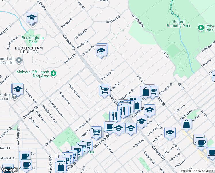 map of restaurants, bars, coffee shops, grocery stores, and more near 6878 Canada Way in Burnaby