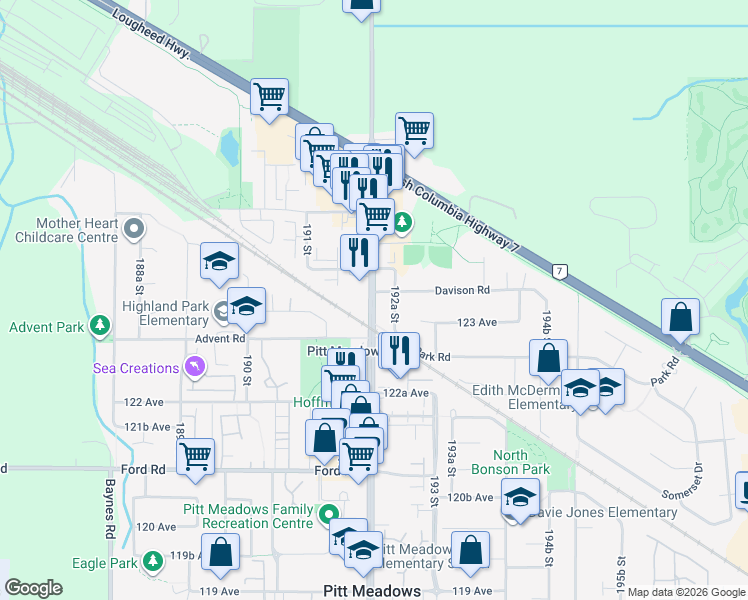 map of restaurants, bars, coffee shops, grocery stores, and more near 12350 Harris Rd in Greater Vancouver Regional District