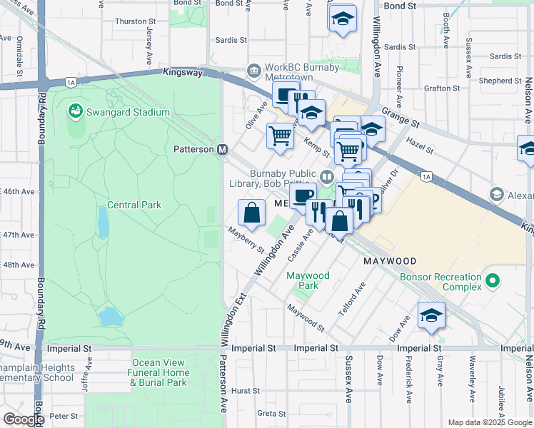 map of restaurants, bars, coffee shops, grocery stores, and more near 6152 Kathleen Avenue in Burnaby