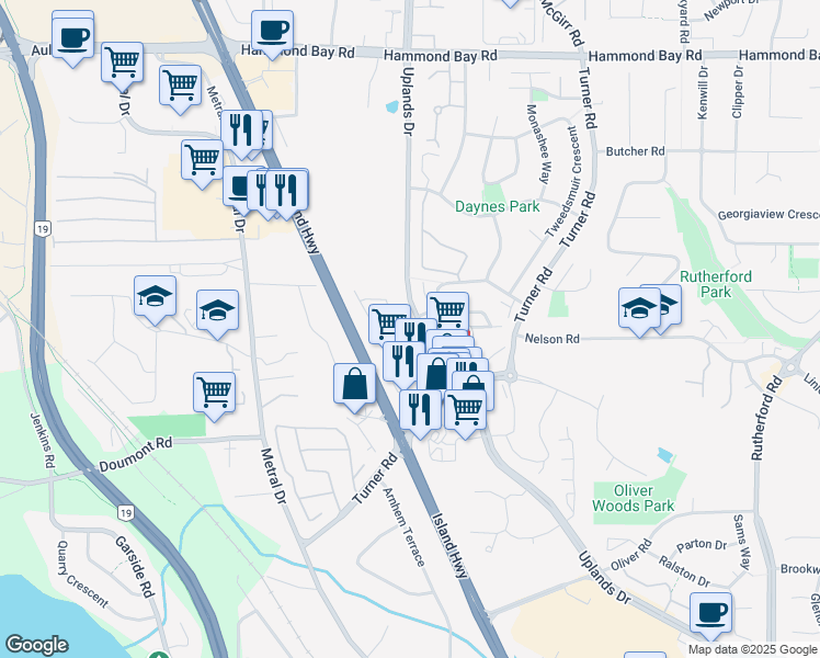map of restaurants, bars, coffee shops, grocery stores, and more near 5085 Uplands Drive in Nanaimo