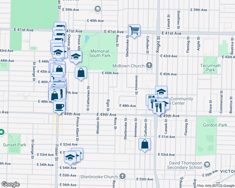 map of restaurants, bars, coffee shops, grocery stores, and more near 1175 Waverley Avenue in Vancouver