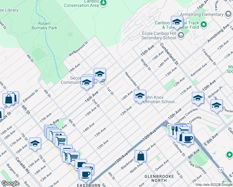 map of restaurants, bars, coffee shops, grocery stores, and more near 8216 15th Avenue in Burnaby