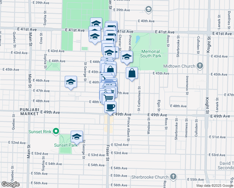 map of restaurants, bars, coffee shops, grocery stores, and more near 6307 Chester Street in Vancouver