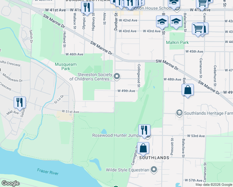 map of restaurants, bars, coffee shops, grocery stores, and more near 6530 Dunbar Street in Vancouver