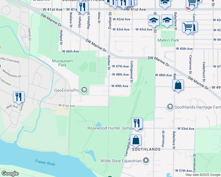 map of restaurants, bars, coffee shops, grocery stores, and more near 6530 Dunbar Street in Vancouver