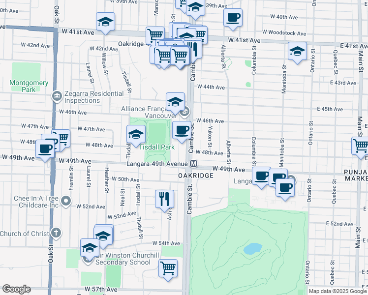 map of restaurants, bars, coffee shops, grocery stores, and more near 6361 Cambie Street in Vancouver