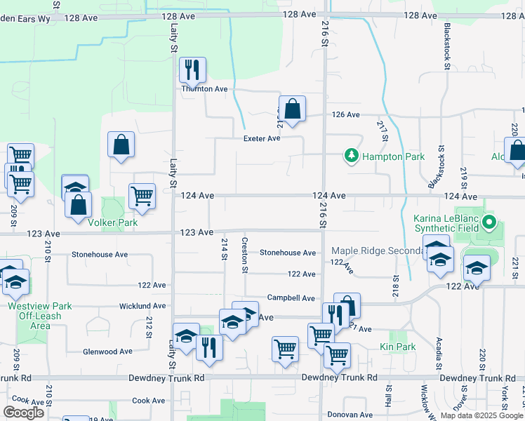 map of restaurants, bars, coffee shops, grocery stores, and more near 21470 124 Avenue in Maple Ridge
