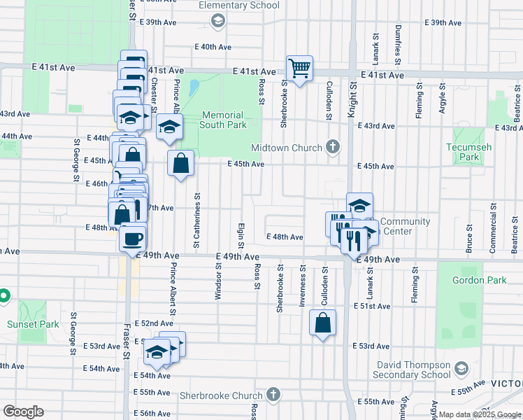 map of restaurants, bars, coffee shops, grocery stores, and more near 1175 Waverley Avenue in Vancouver