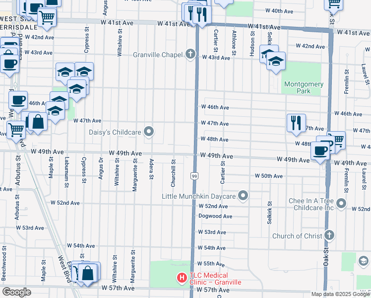 map of restaurants, bars, coffee shops, grocery stores, and more near 1545 West 49th Avenue in Vancouver