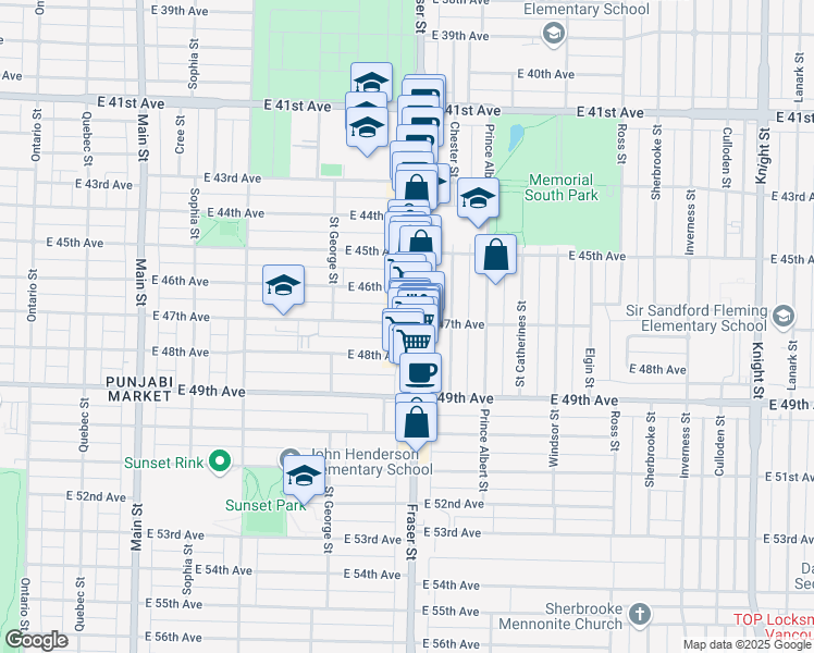 map of restaurants, bars, coffee shops, grocery stores, and more near in Vancouver