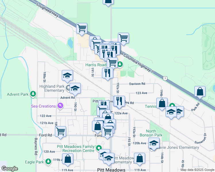 map of restaurants, bars, coffee shops, grocery stores, and more near 12371 Harris Road in Pitt Meadows