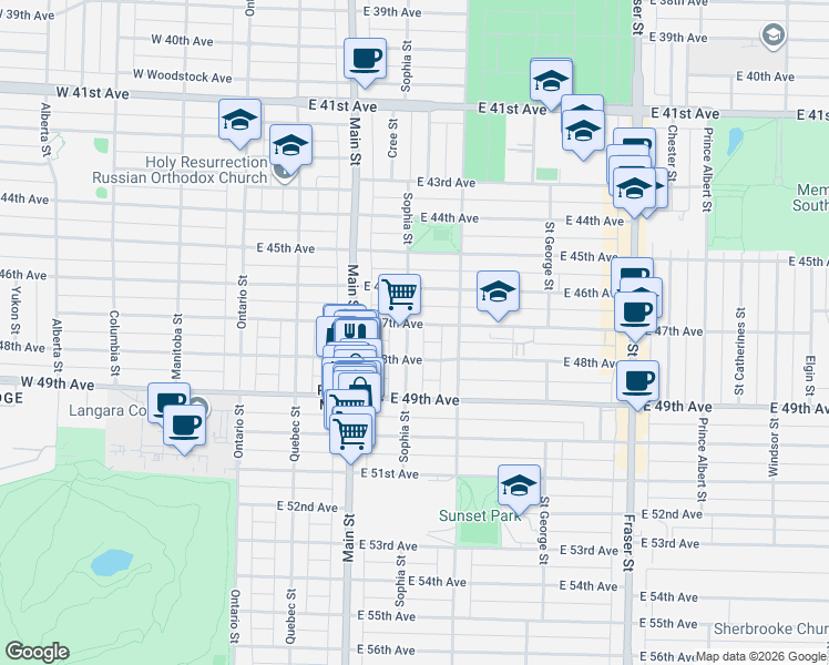 map of restaurants, bars, coffee shops, grocery stores, and more near 6318 Sophia Street in Vancouver