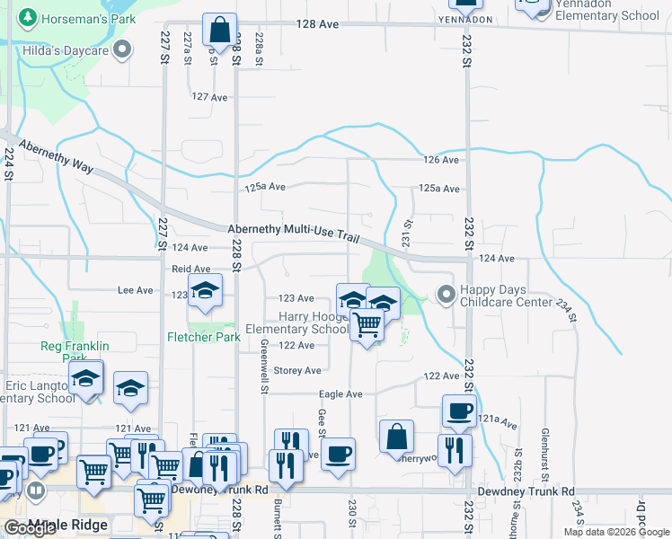 map of restaurants, bars, coffee shops, grocery stores, and more near 22960 123B Avenue in Maple Ridge
