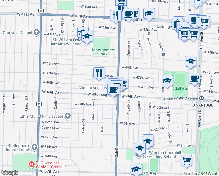 map of restaurants, bars, coffee shops, grocery stores, and more near 1042 West 48th Avenue in Vancouver