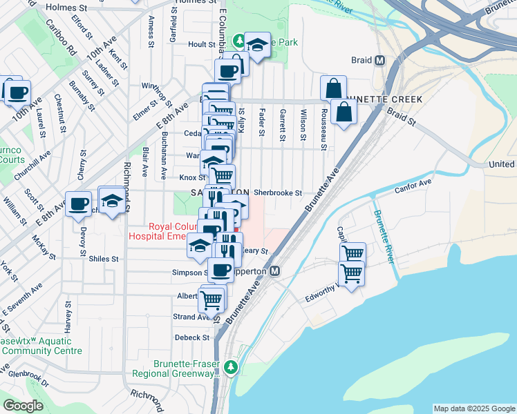 map of restaurants, bars, coffee shops, grocery stores, and more near in New Westminster