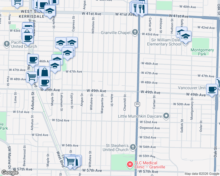 map of restaurants, bars, coffee shops, grocery stores, and more near in Vancouver