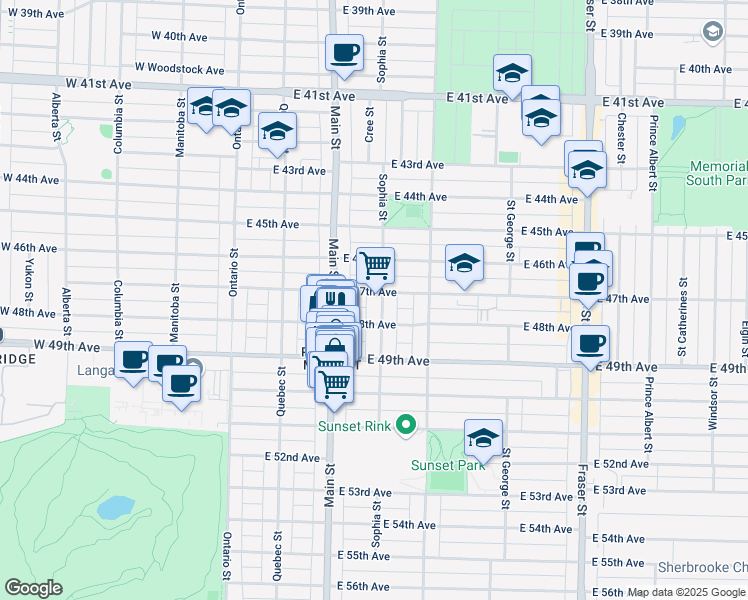 map of restaurants, bars, coffee shops, grocery stores, and more near 6319 Sophia Street in Vancouver