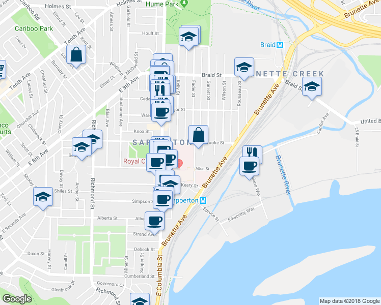 map of restaurants, bars, coffee shops, grocery stores, and more near 260 Sherbrooke Street in New Westminster