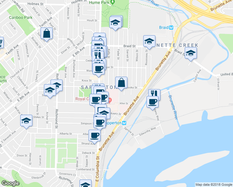 map of restaurants, bars, coffee shops, grocery stores, and more near Allen Street in New Westminster