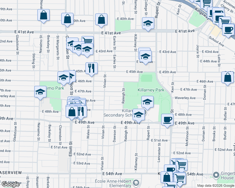 map of restaurants, bars, coffee shops, grocery stores, and more near 2780 East 47th Avenue in Vancouver