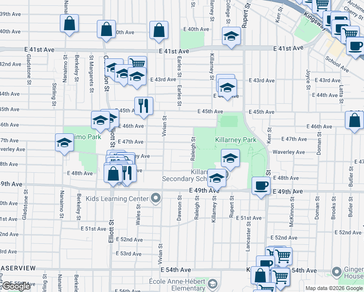 map of restaurants, bars, coffee shops, grocery stores, and more near 2778 East 47th Avenue in Vancouver