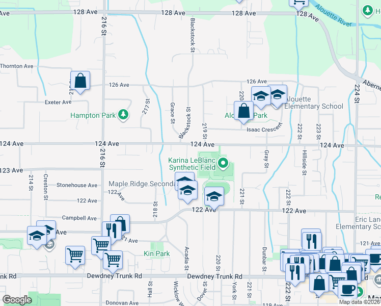 map of restaurants, bars, coffee shops, grocery stores, and more near 12374 Davison Street in Maple Ridge