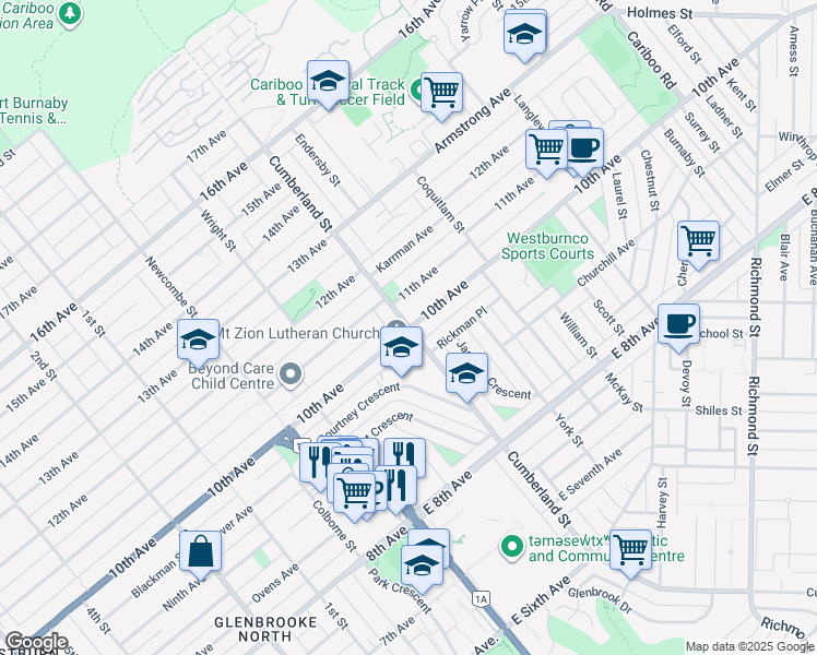 map of restaurants, bars, coffee shops, grocery stores, and more near 7893 Cumberland Street in Burnaby