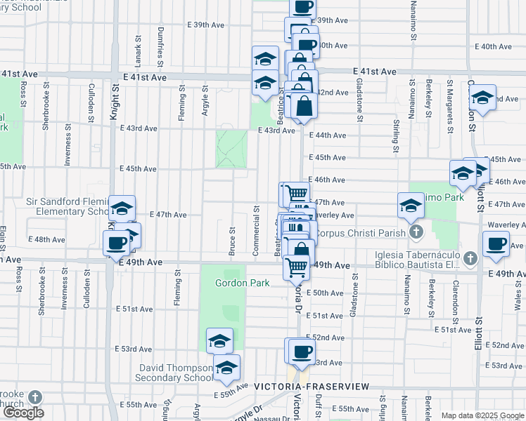 map of restaurants, bars, coffee shops, grocery stores, and more near 6250 Commercial Street in Vancouver