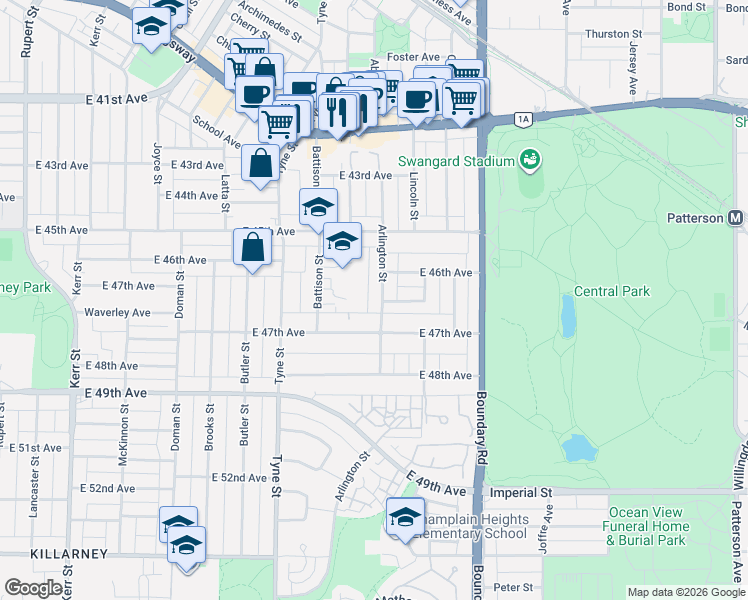 map of restaurants, bars, coffee shops, grocery stores, and more near 6271 Arlington Street in Vancouver