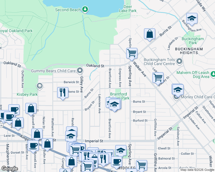map of restaurants, bars, coffee shops, grocery stores, and more near 6297 Brantford Avenue in Burnaby