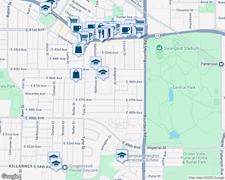 map of restaurants, bars, coffee shops, grocery stores, and more near 6271 Arlington Street in Vancouver