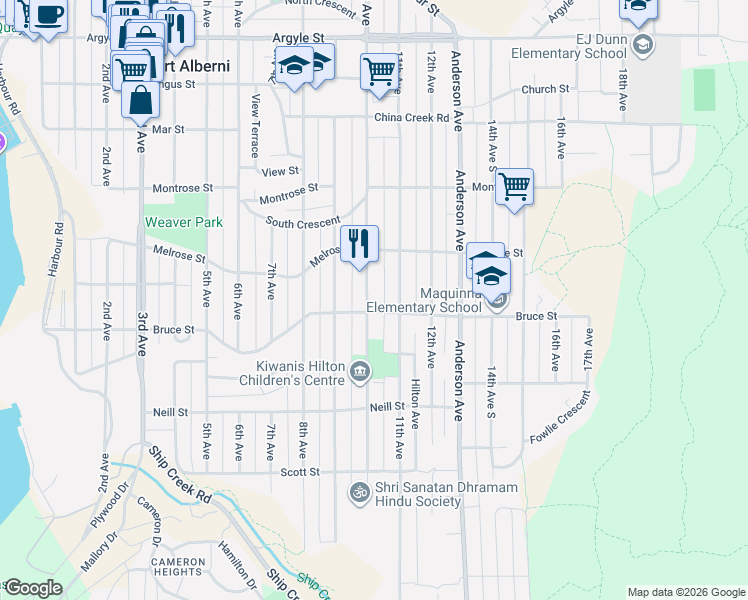 map of restaurants, bars, coffee shops, grocery stores, and more near 2617 10th Avenue in Port Alberni
