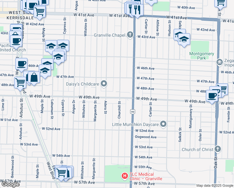 map of restaurants, bars, coffee shops, grocery stores, and more near 1603 West 49th Avenue in Vancouver