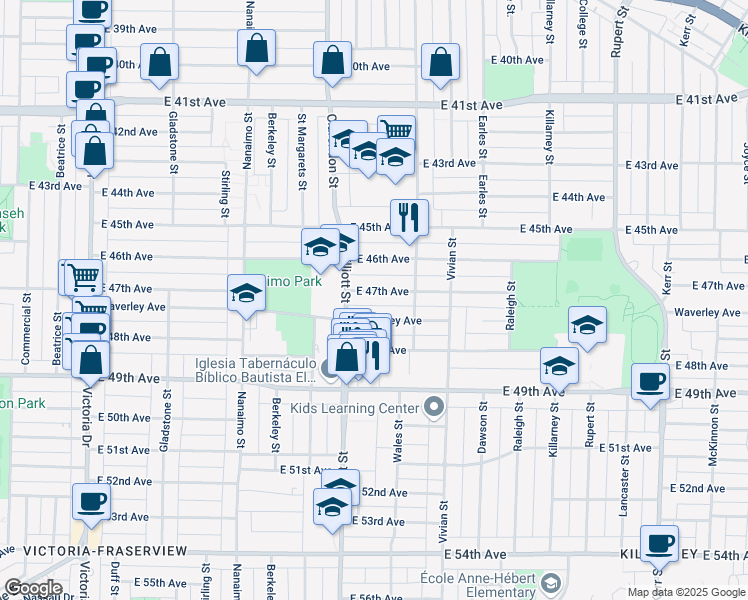map of restaurants, bars, coffee shops, grocery stores, and more near 2640 East 47th Avenue in Vancouver
