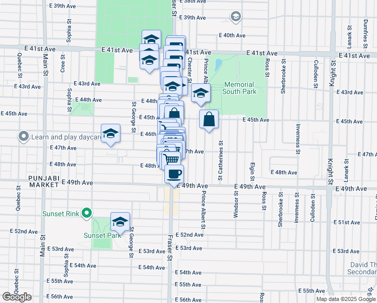 map of restaurants, bars, coffee shops, grocery stores, and more near E 47th Ave & Chester St in Vancouver