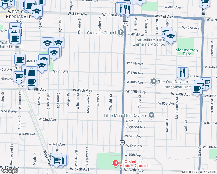 map of restaurants, bars, coffee shops, grocery stores, and more near 1603 West 49th Avenue in Vancouver