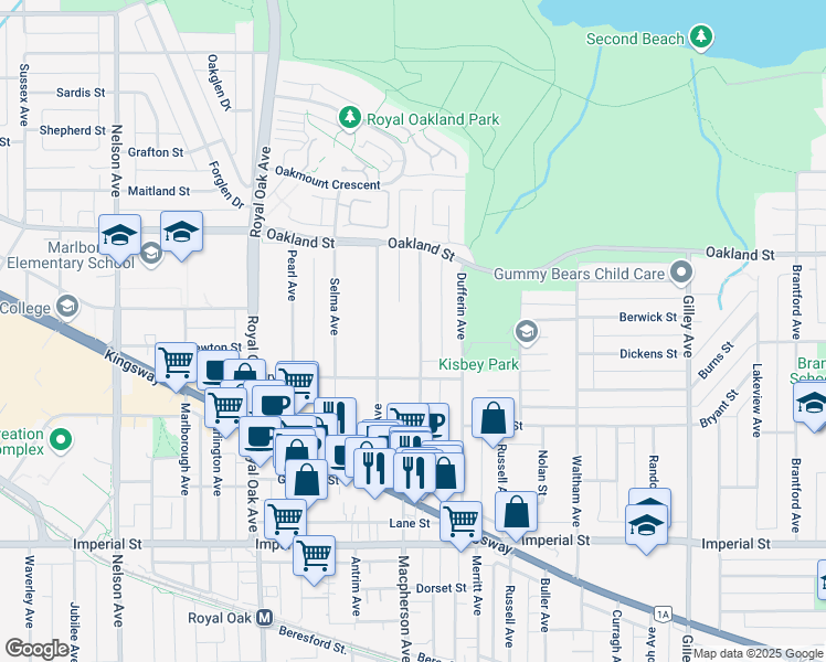 map of restaurants, bars, coffee shops, grocery stores, and more near 6249 Elgin Avenue in Burnaby