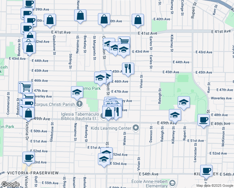 map of restaurants, bars, coffee shops, grocery stores, and more near 2640 East 47th Avenue in Vancouver