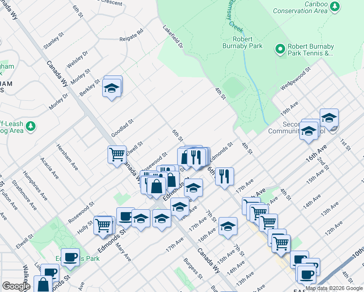 map of restaurants, bars, coffee shops, grocery stores, and more near 7115 6th Street in Burnaby