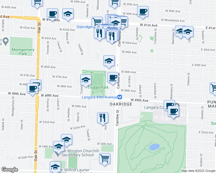 map of restaurants, bars, coffee shops, grocery stores, and more near 6342 Ash Street in Vancouver