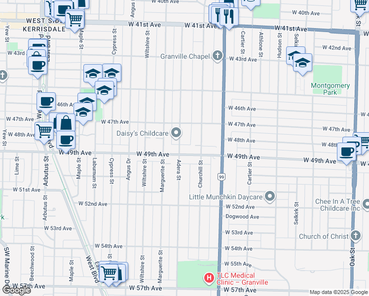 map of restaurants, bars, coffee shops, grocery stores, and more near 6476 Adera Street in Vancouver