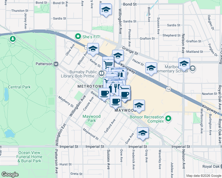 map of restaurants, bars, coffee shops, grocery stores, and more near 6220 McKay Avenue in Burnaby
