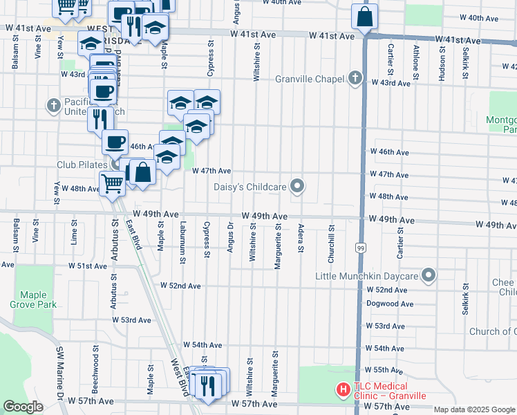 map of restaurants, bars, coffee shops, grocery stores, and more near 6488 Wiltshire Street in Vancouver