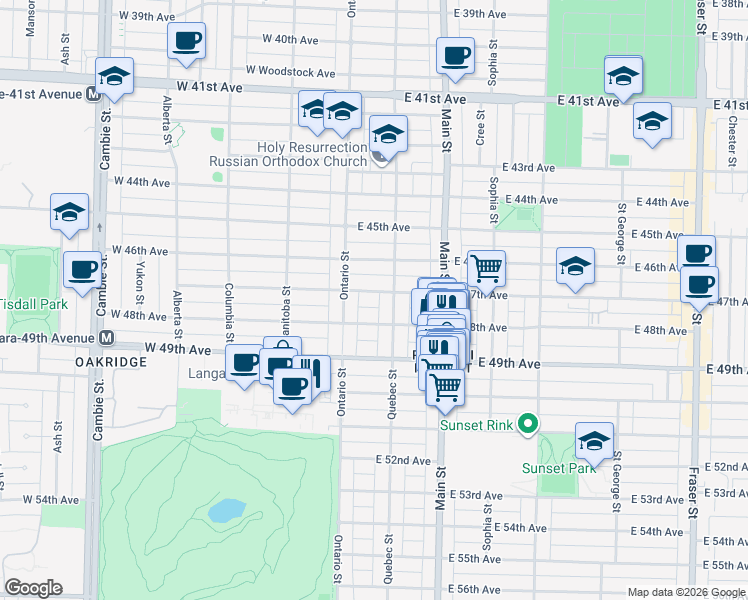 map of restaurants, bars, coffee shops, grocery stores, and more near 66 East 47th Avenue in Vancouver