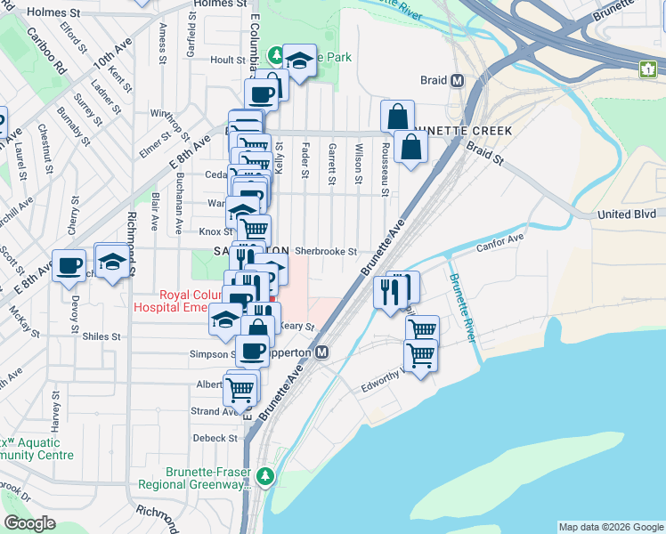 map of restaurants, bars, coffee shops, grocery stores, and more near 240 Sherbrooke Street in New Westminster