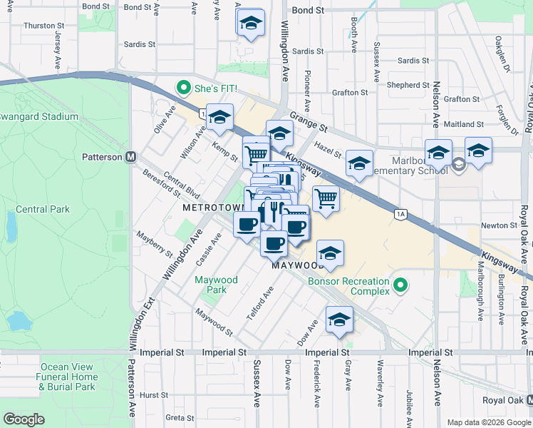 map of restaurants, bars, coffee shops, grocery stores, and more near 6220 McKay Avenue in Burnaby