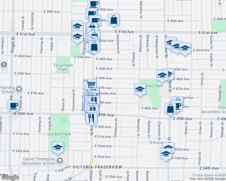 map of restaurants, bars, coffee shops, grocery stores, and more near 2175 Waverley Avenue in Vancouver