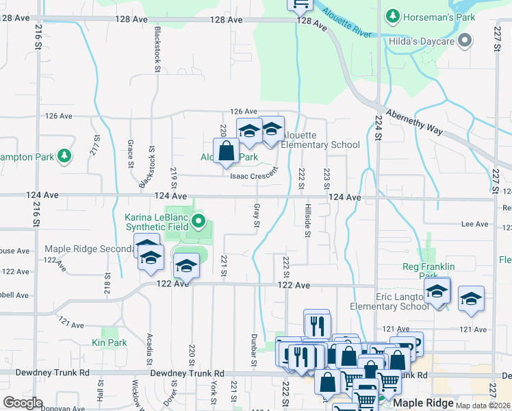 map of restaurants, bars, coffee shops, grocery stores, and more near 12393 Gray Street in Maple Ridge