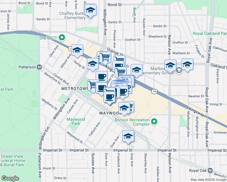 map of restaurants, bars, coffee shops, grocery stores, and more near 4670 Assembly Way in Burnaby