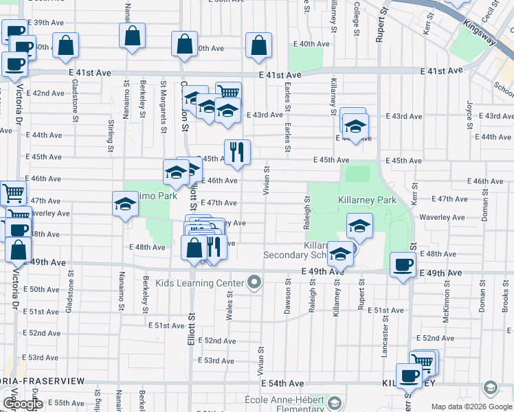 map of restaurants, bars, coffee shops, grocery stores, and more near 2724 East 47th Avenue in Vancouver